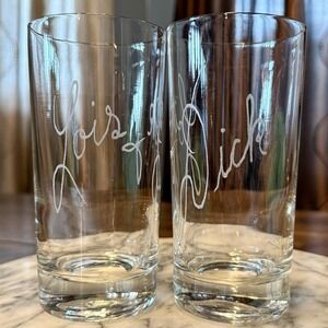 SETof2 MCM Vintage Etched Glass Rockabilly Glasses Tumblers LOIS & DICK 5.75"